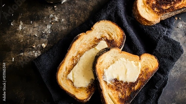 Fototapeta Thick slices of Texas toast buttered and toasted resting on dark kitchen towel on rustic background American BBQ side overlay cut out on isolated transparent removed background