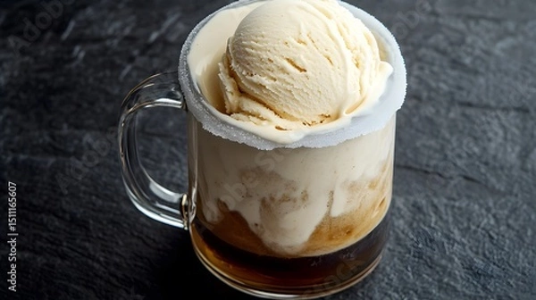 Fototapeta Traditional root beer float with vanilla ice cream in a frosted mug foam overflowing over the rim photographed on black stone background USA soda dessert cut out on isolated transparent background