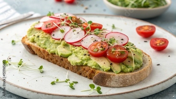 Fototapeta Delicious avocado toast with fresh radish tomatoes and microgreens on a plate