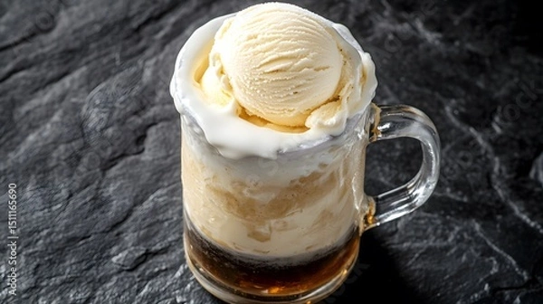 Fototapeta Traditional root beer float with vanilla ice cream in a frosted mug foam overflowing over the rim photographed on black stone background USA soda dessert cut out on isolated transparent background