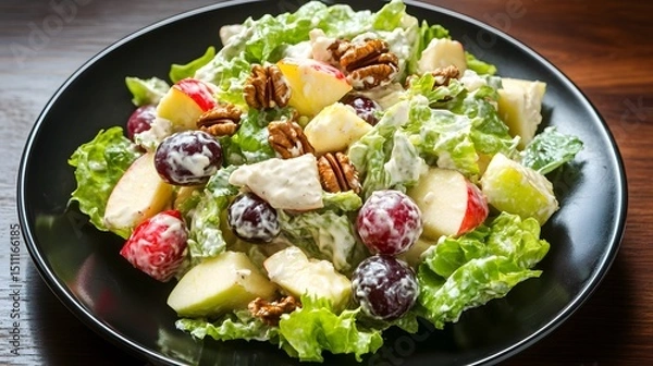 Fototapeta Waldorf salad with apples grapes walnuts and lettuce dressed in mayonnaise served on black plate American classic salad overlay cut out on isolated transparent removed background