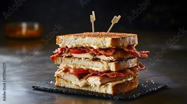 Fototapeta Triple decker turkey club sandwich with bacon and tomato served on dark background with toothpick garnish classic American deli food overlay cut out on isolated transparent removed background
