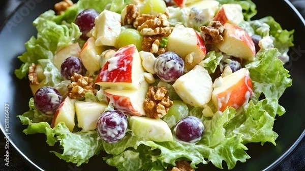 Fototapeta Waldorf salad with apples grapes walnuts and lettuce dressed in mayonnaise served on black plate American classic salad overlay cut out on isolated transparent removed background