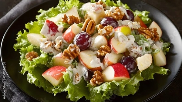 Fototapeta Waldorf salad with apples grapes walnuts and lettuce dressed in mayonnaise served on black plate American classic salad overlay cut out on isolated transparent removed background
