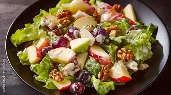 Fototapeta Waldorf salad with apples grapes walnuts and lettuce dressed in mayonnaise served on black plate American classic salad overlay cut out on isolated transparent removed background