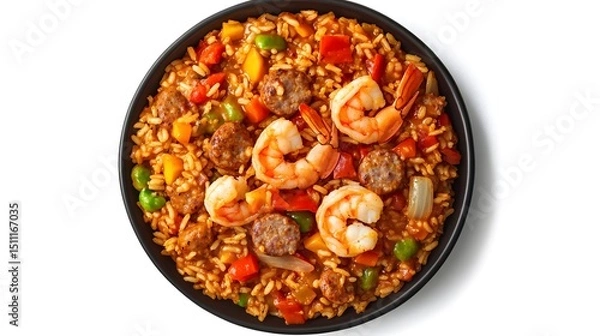 Fototapeta Spicy jambalaya rice with shrimp sausage and vegetables top down image on white background American Cajun cuisine overlay cut out on isolated transparent removed background