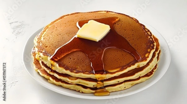 Fototapeta Stack of golden pancakes topped with butter and syrup top down view on minimal white background American breakfast staple overlay cut out on isolated transparent removed background