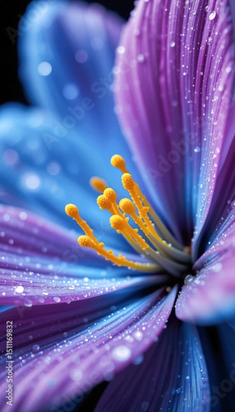Obraz Extreme close-up of a purple crocus flower with yellow stamens and dewdrops
