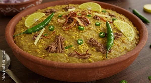 Fototapeta Delicious haleem dish in clay bowl with lemon and chili hot food meal meat high rich spicy lunch