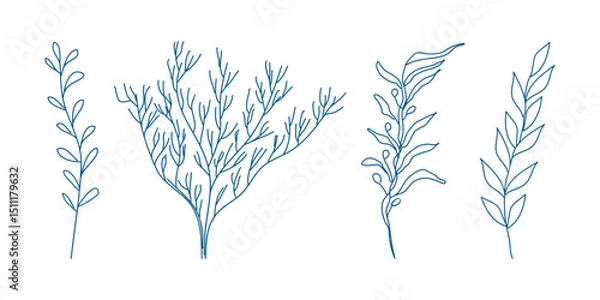 Fototapeta Marine elements doodle style set in blue la dolce vita. Italian style. Undersea world. Menu design of postcard and poster. Vector illustration.