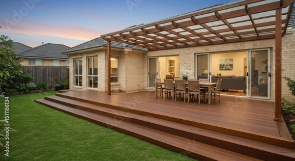 Fototapeta Home outdoor deck with table set for al fresco dining in the garden at dusk