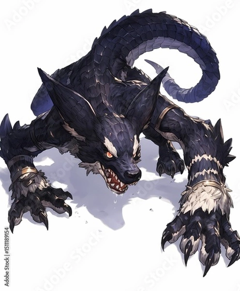 Obraz Dragon like fantasy creature sharp teeth claws long tail white background