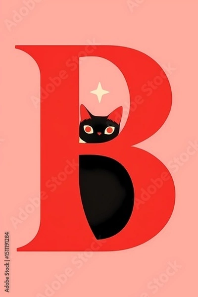 Obraz Stylized illustration, red and pink colors, cat peeking out, star, sparkle, playful modern aesthetic, graphic design element.