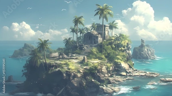 Obraz A serene, picturesque abandoned island with lush palm trees, rugged terrain, and a vibrant turquoise ocean, evoking a sense of tranquility and solitude.