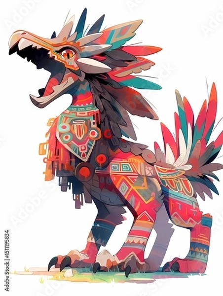 Obraz Anime illustration of a vibrant dragon with intricate patterns and feathered wings, white background.