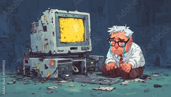 Fototapeta Old Computer with Sad Man.