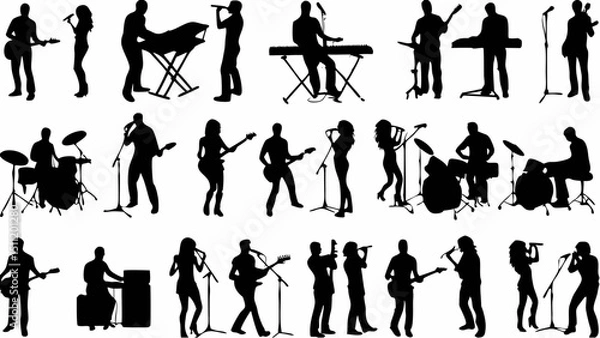 Fototapeta Silhouette illustration of band members playing instruments and singing on stage in black and white color |eps vectors