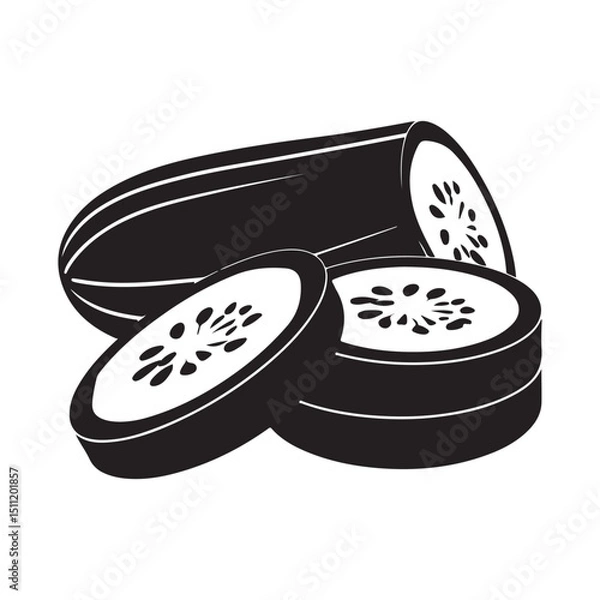 Obraz Black and white graphic of fresh cucumber slices for healthy eating silhouette