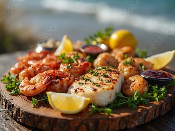 Obraz Grilled Seafood Platter on Rustic Board: A delicious grilled seafood platter served on a rustic wooden board, garnished with lemon slices, herbs, and dipping sauces