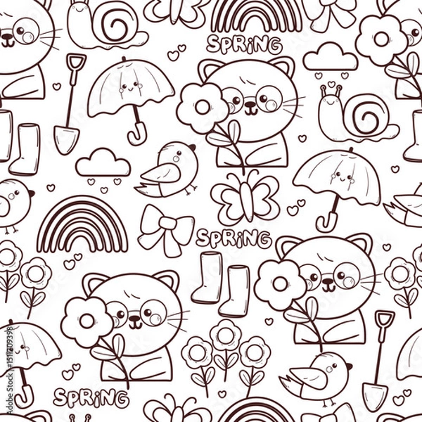 Fototapeta seamless pattern cartoon cat with flowers and spring stuff. cute black and white animal pattern for wallpaper, background and gift wrap paper