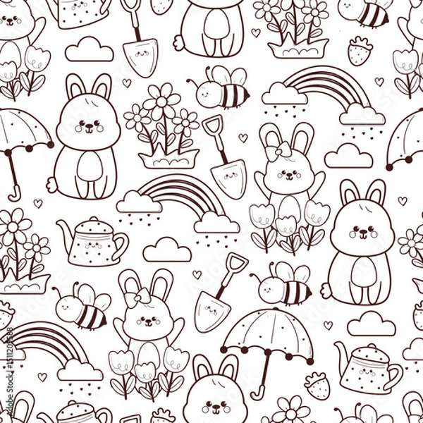 Fototapeta seamless pattern cute cartoon bunny with bees and spring stuff. cute black and white animal drawing for spring wallpaper and background