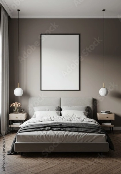 Fototapeta Realistic Bedroom Interior with Modern Bed Design and Minimalist Art
