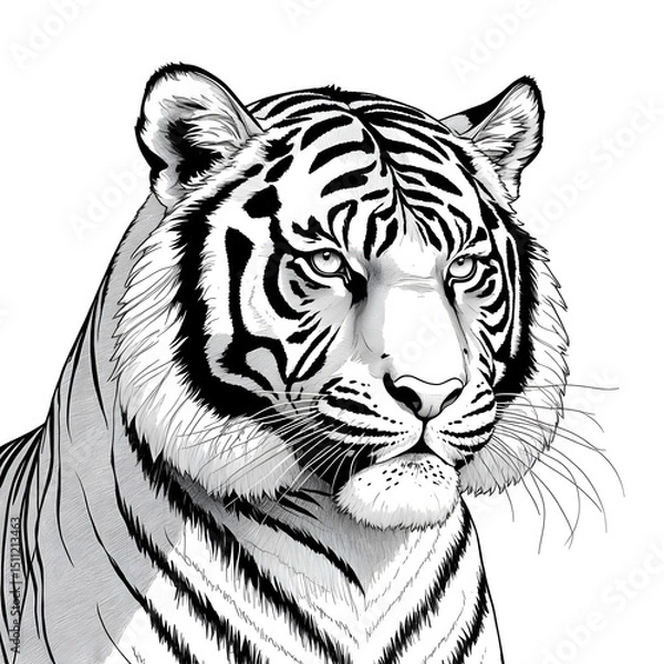 Fototapeta Tiger head is shown in a black and white drawing. 
