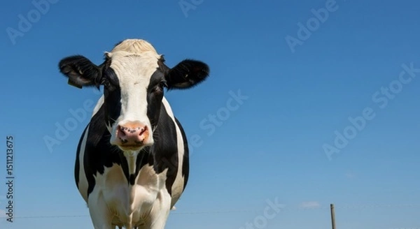 Fototapeta Cow standing in field under blue sky for agriculture farming, dairy industry.