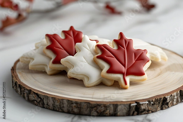 Fototapeta holiday cookie presentation, maple leaf-shaped cookies on a rustic wood background, with festive red and white food presentation