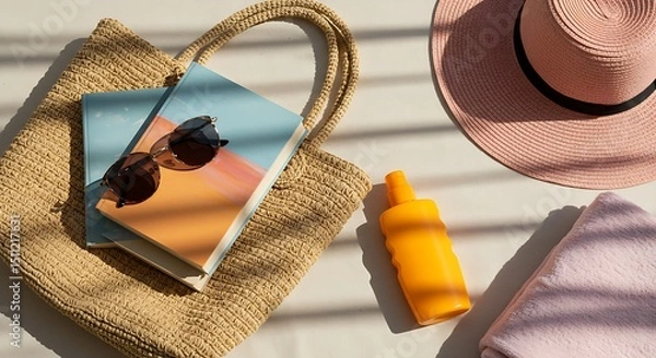 Fototapeta Summer Essentials Beach Bag with Sunscreen Sunglasses and a Book Capturing the Essence of a Relaxing Vacation Isolated on White Background