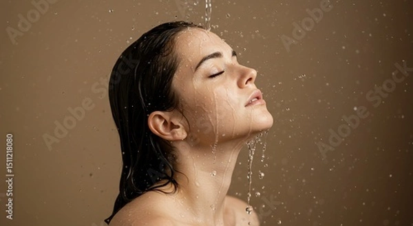 Fototapeta Serene woman enjoying a refreshing shower in a bathroom with neutral background