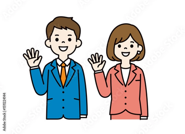 Fototapeta 笑顔で手を振る、ビジネスマンのシンプルなベクターイラスト素材＿男女セット＿カラー
