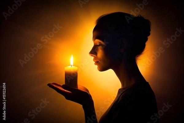 Obraz Silhouette of woman holding lit candle illuminated by warm light in dark contemplative room
