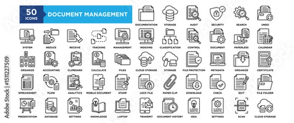 Fototapeta 50 Document Management System icon set. Containing design Documentation, Storage, Audit, Security, Search, System	