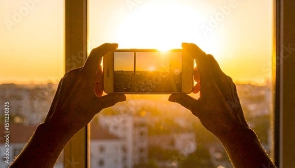 Fototapeta Silhouette of hands taking photo of a golden sunset through a window with a mobile phone.