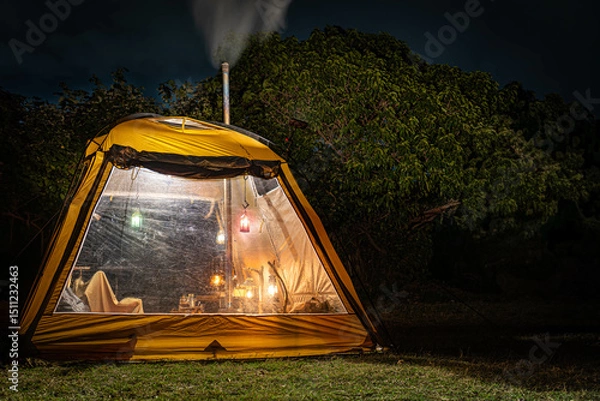 Obraz 夜キャンプ 薪ストーブ 薪スト ランプ 灯り カッコいい リラックス キャンプ風景