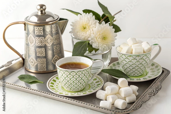 Obraz Ornate Silver Teapot with Matching Cups on Elegant Tray – Cozy Tea Setting
