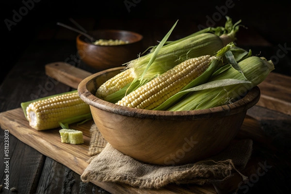 Obraz Fresh Corn on Rustic Wooden Bowl with Kernels – Farm-to-Table Still Life Photography
