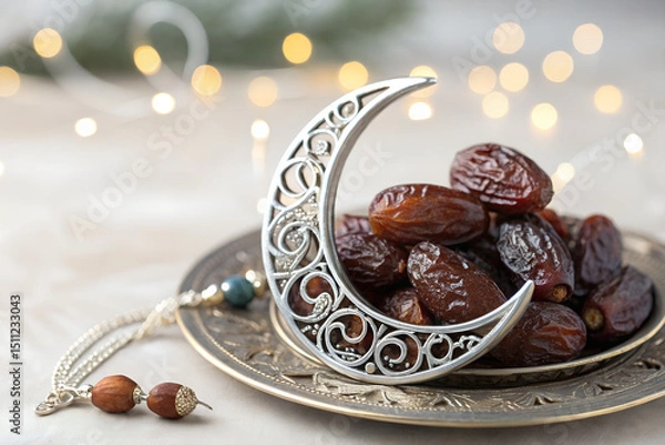 Obraz Ornate Crescent Moon with Dates on Elegant Plate – Ramadan Celebration Still Life
