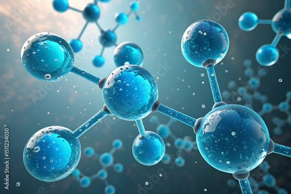 Obraz Blue Molecular Structure with Glossy Atoms and Bond Connections – Scientific Chemistry Visualization
