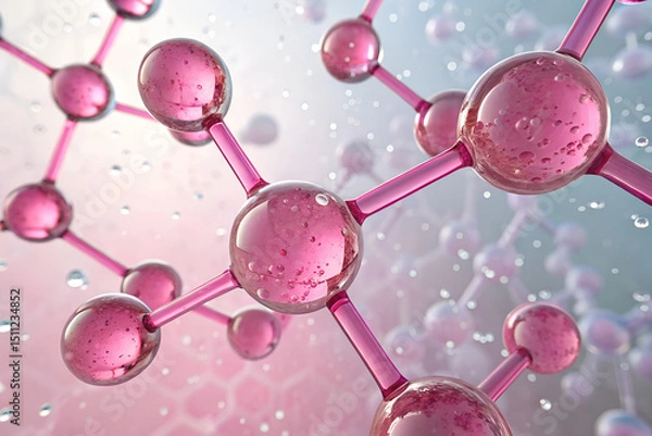 Obraz Pink Molecular Structure with Water Droplets – Scientific Chemistry Visualization
