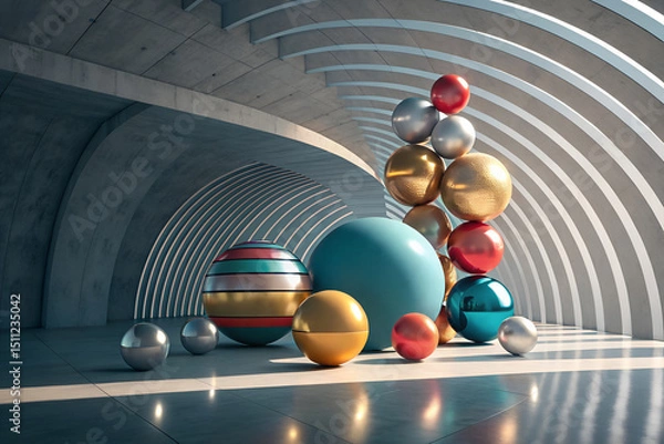 Obraz Futuristic Metallic Spheres in Arched Tunnel – Abstract 3D Art Installation
