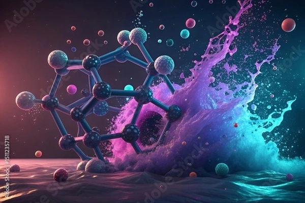 Obraz Hexagonal Molecular Structure with Colorful Liquid Splash – Scientific Visualization
