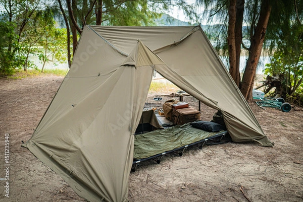 Obraz ソロキャンプ キャンプスタイル ティピーテント 屋外 無骨キャンプ テント設営 