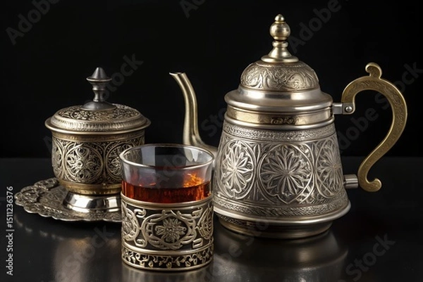 Obraz Ornate Metal Teapot and Tea Glass with Intricate Floral Patterns – Elegant Tea Photography
