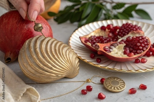 Obraz Golden Seashell Ornament with Pomegranate and Sunburst Pendant – Luxurious Still Life Photography
