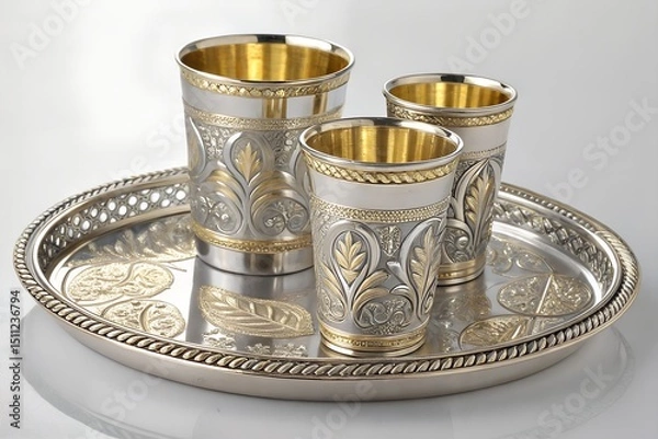Obraz Ornate Silver and Gold Cups with Decorative Tray – Elegant Tableware Photography
