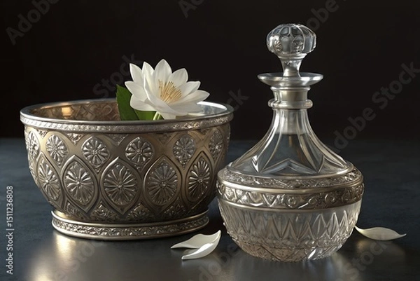 Obraz Ornate Silver Bowl with White Flower and Crystal Decanter – Elegant Decorative Art
