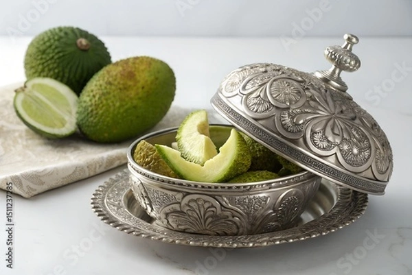 Obraz Ornate Silver Dish with Fresh Avocado and Lime – Elegant Culinary Photography
