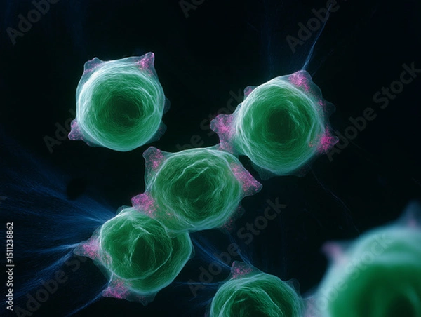 Fototapeta Detailed view of green cells illuminated in a dark background highlighting their unique structures and connections